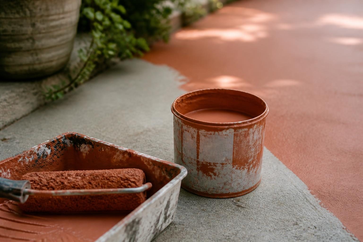 Terrasse en béton extérieur repeinte, rouleau de peinture posé au sol, lumière de fin d'après-midi