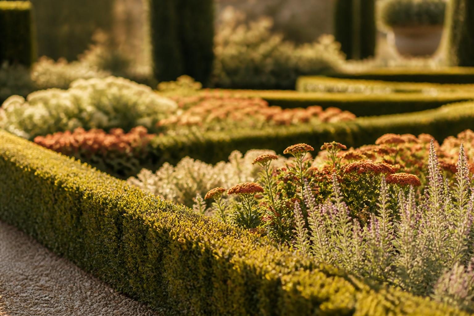 Terrasses en paliers et massifs géométriques dans un jardin à la française